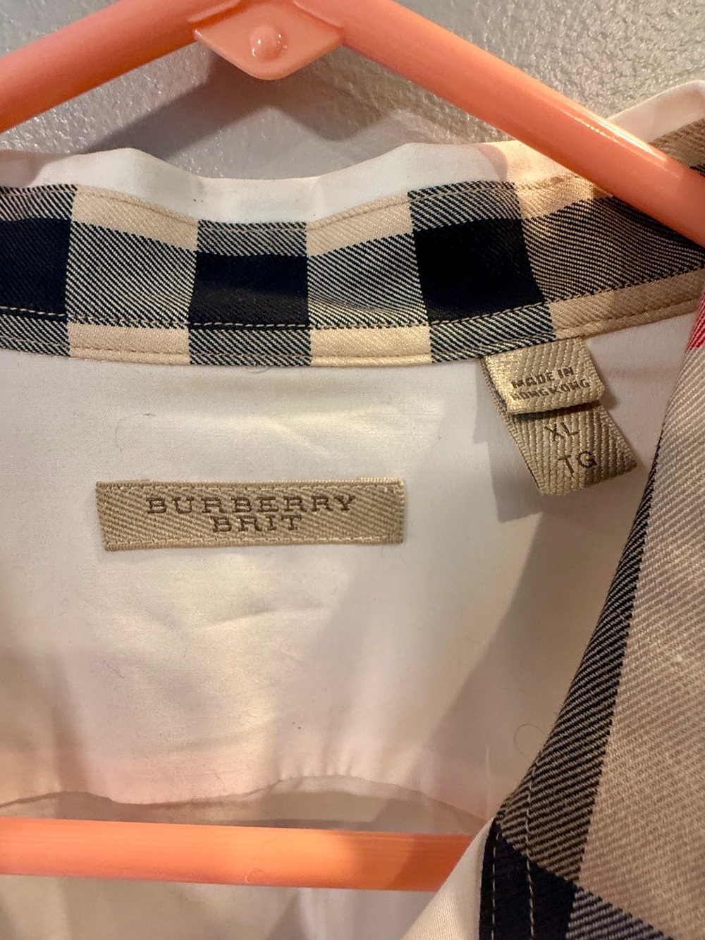 Burberry Brit White w/Black and Beige Plaid collar and cuffs Dress Shirt.